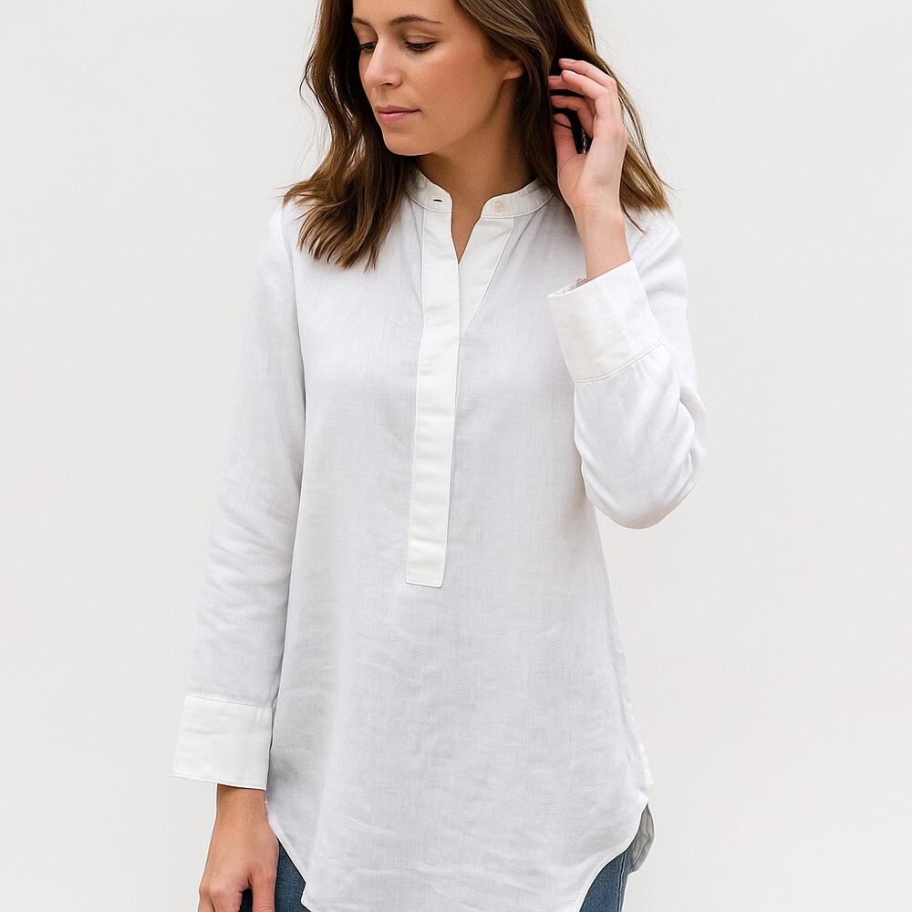 JENNI KAYNE Women's 100% Linen 1/2 button pullover Blouse in White size Small